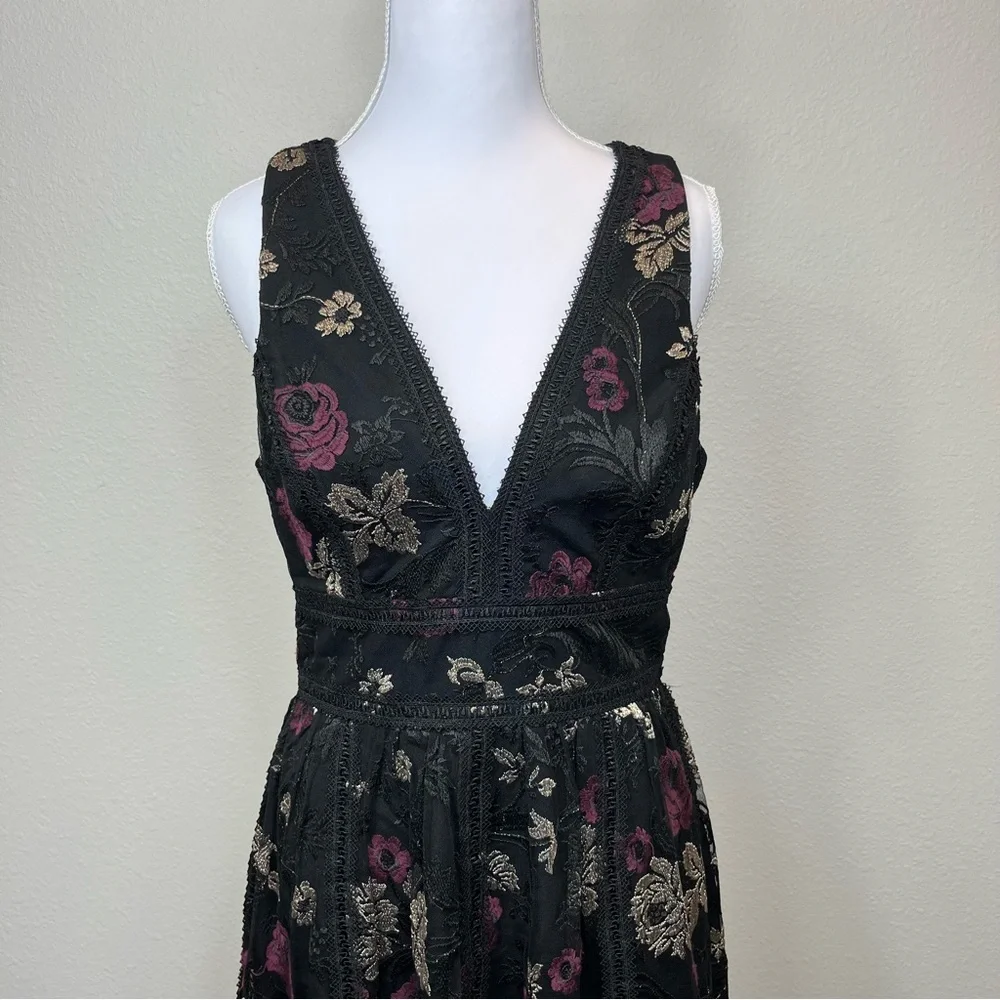 Harlyn Womens Embroidered Floral Dress Small Cottagecore Boho‎ Black Whimsigoth